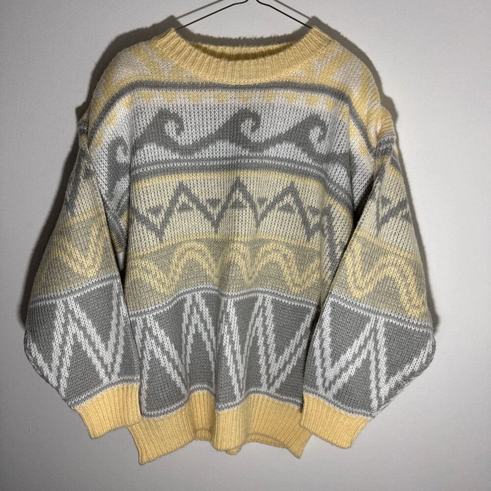 Together! Yellow Grey Knit Sweater Womens XL 16 Spiegel Heavy Missy VINTAGE